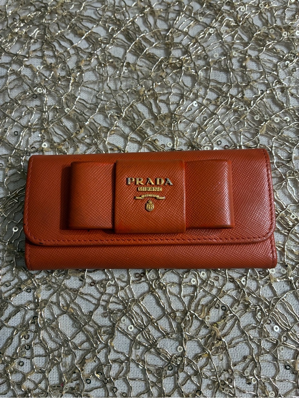 Prada Orange Saffiano Bow Keyholder